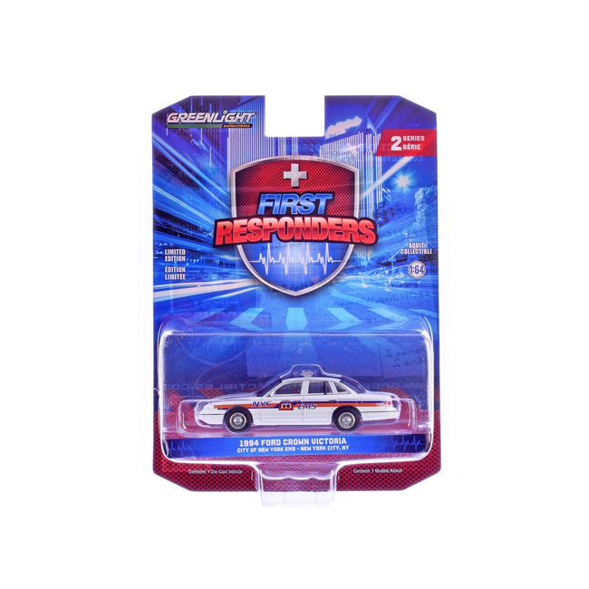 1994 Ford Crown Victoria "NYC EMS (City of New York Emergency Medical Service)" White with Blue and Red Stripes "First Responders" Series 2 1/64 Diecast Model Car by Greenlight-Greenlight-ModelCars.com