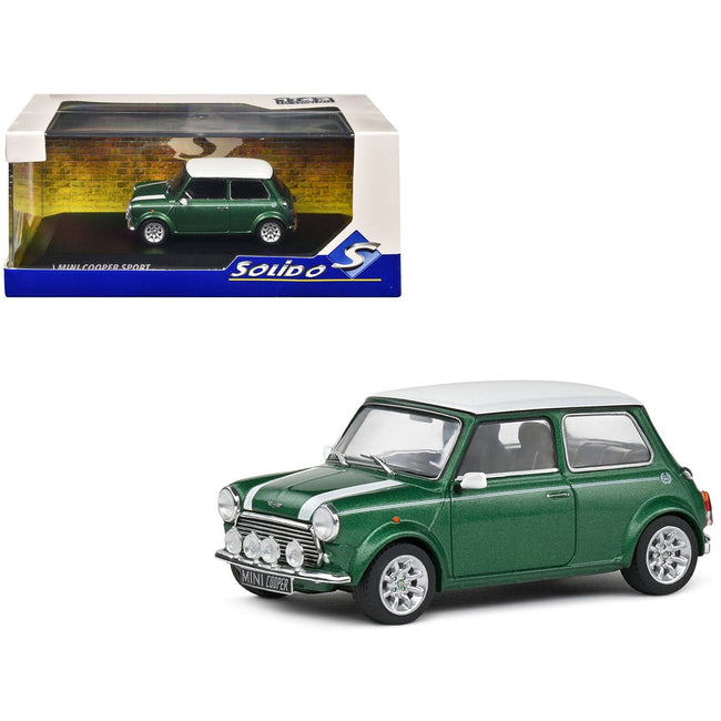 1994 Mini Cooper Sport British Racing Green with White Top and Stripes 1/43 Diecast Model Car by Solido-Solido-ModelCars.com