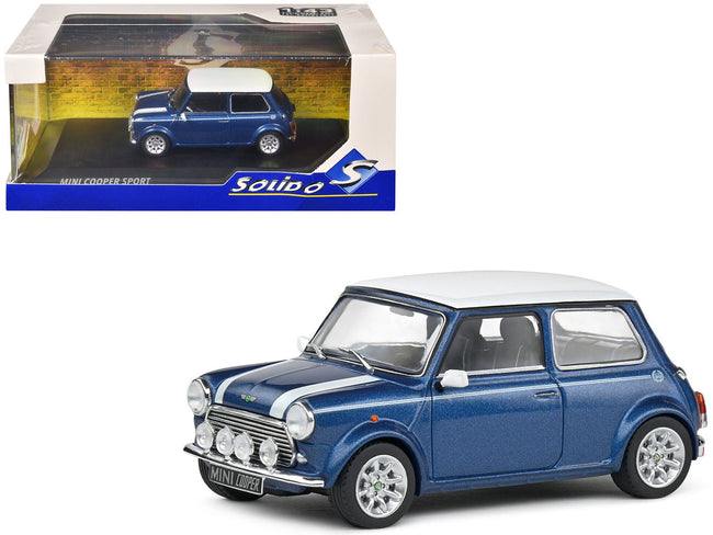 1994 Mini Cooper Sport Tahiti Blue Metallic with White Top and Stripes 1/43 Diecast Model Car by Solido-Solido-ModelCars.com