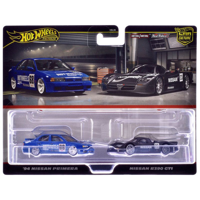 1994 Nissan Primera RHD (Right Hand Drive) #68 Blue and Nissan R390 GT1 #23 Matt Black "Car Culture" Set of 2 Cars Diecast Model Cars by Hot Wheels-Hotwheels-ModelCars.com