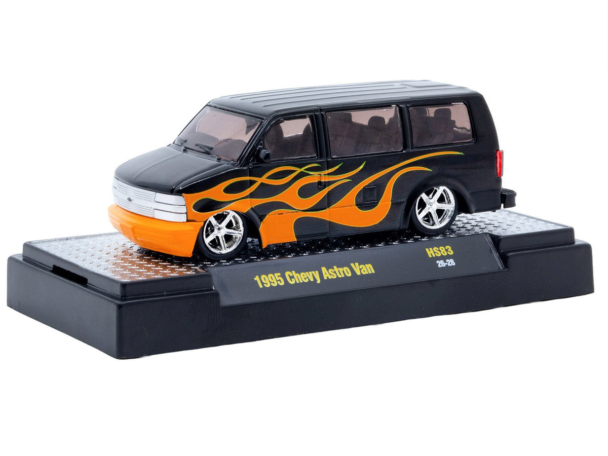 1995 Chevrolet Astro Van Black with Orange Flames Limited Edition to 12804 pieces Worldwide 1/64 Diecast Model Car by M2 Machines-M2-ModelCars.com