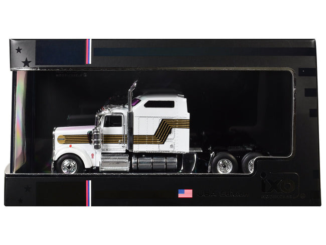 1995 Kenworth W900 Truck Tractor White with Black and Gold Stripes 1/64 Diecast Model by IXO Models-IXO-ModelCars.com