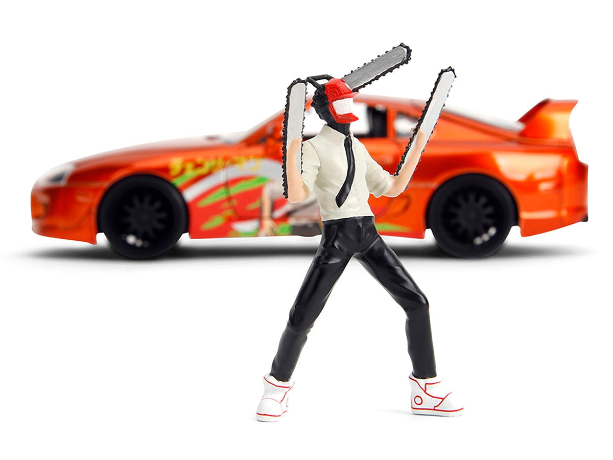 1995 Toyota Supra Orange Metallic with Graphics and Chainsaw Man Diecast Figure "Chainsaw Man" (2022) TV Series "Anime Hollywood Rides" Series 1/24 Diecast Model by Jada-Jada-ModelCars.com