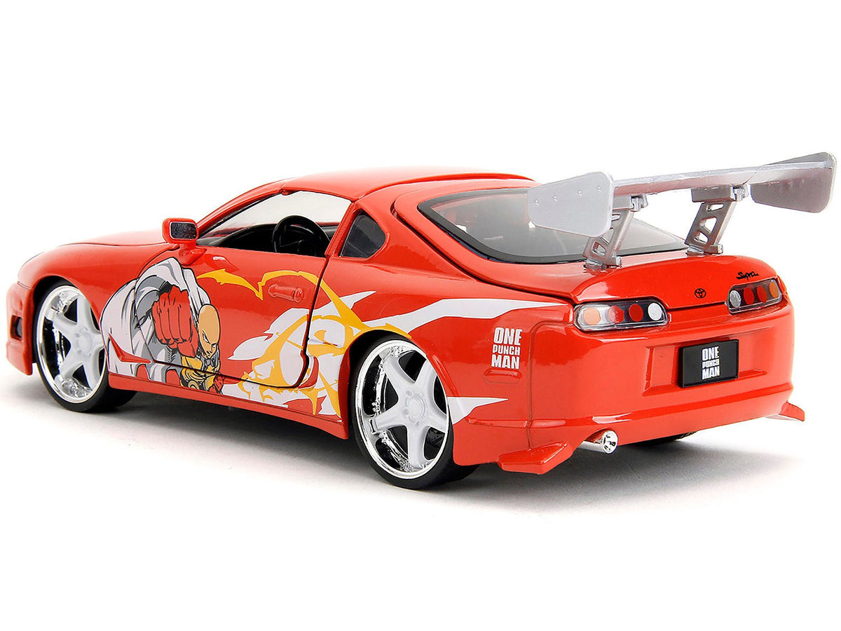 1995 Toyota Supra Red with Graphics and Saitama Diecast Figure "One Punch Man" (2015-2019) TV Series 1/24 Diecast Model by Jada-Jada-ModelCars.com