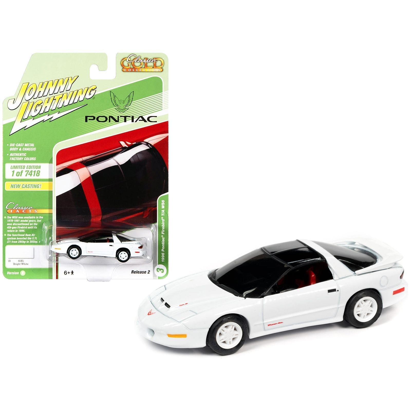 1996 Pontiac Firebird Trans Am T/A WS6 Bright White with Black Top and Red Interior "Classic Gold Collection" Limited Edition to 7418 pieces Worldwide 1/64 Diecast Model Car by Johnny Lightning - Johnny Lightning - ModelCars.com