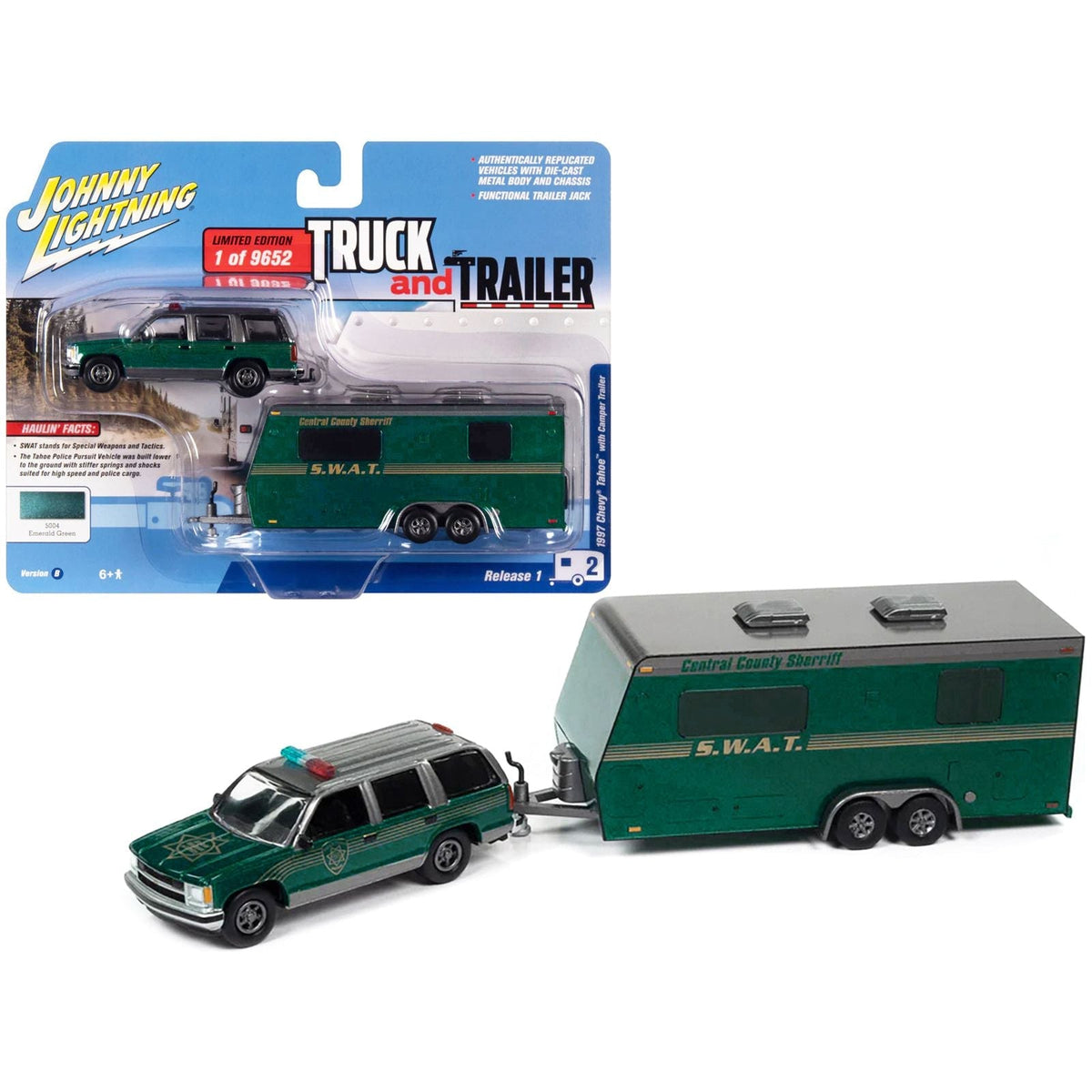 1997 Chevrolet Tahoe "Central County Sheriff" Emerald Green and Gray with "SWAT" Camper Trailer Limited Edition to 9652 pieces Worldwide "Truck and Trailer" Series 1/64 Diecast Model Car by Johnny Lightning-Johnny Lightning-ModelCars.com