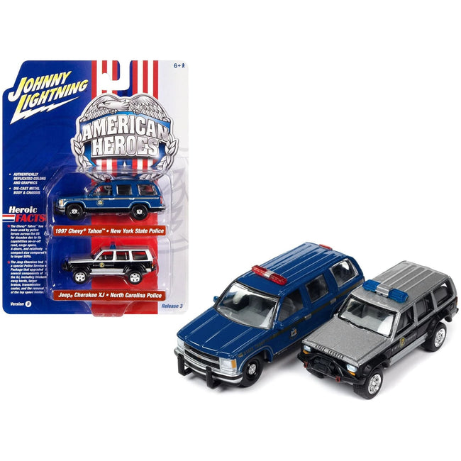 1997 Chevrolet Tahoe "New York State Trooper" Blue with Gold Stripes and Jeep Cherokee XJ "North Carolina State Trooper" Black and Silver "American Heroes" Series Set of 2 Cars 1/64 Diecast Model Cars by Johnny Lightning-Johnny Lightning-ModelCars.com