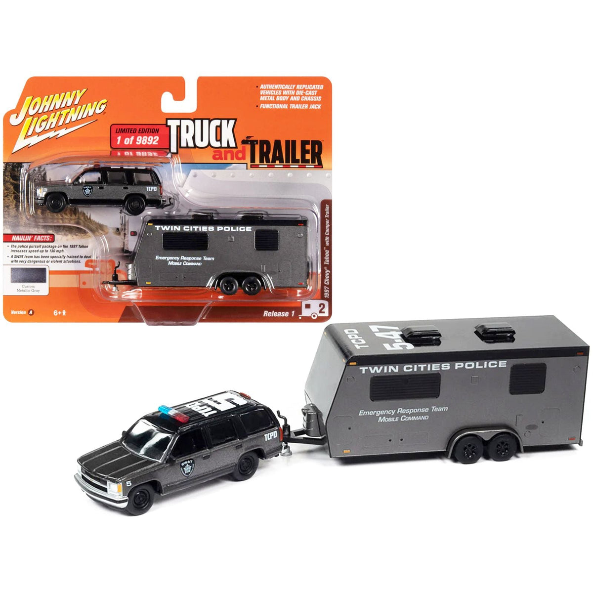 1997 Chevrolet Tahoe "SWAT" Custom Gray Metallic and Black with "Twin Cities Police" Camper Trailer Limited Edition to 9892 pieces Worldwide "Truck and Trailer" Series 1/64 Diecast Model Car by Johnny Lightning - Johnny Lightning - ModelCars.com
