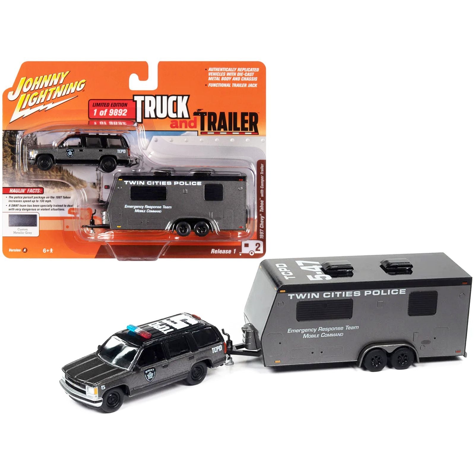 1997 Chevrolet Tahoe "SWAT" Custom Gray Metallic and Black with "Twin Cities Police" Camper Trailer Limited Edition to 9892 pieces Worldwide "Truck and Trailer" Series 1/64 Diecast Model Car by Johnny Lightning - Johnny Lightning - ModelCars.com