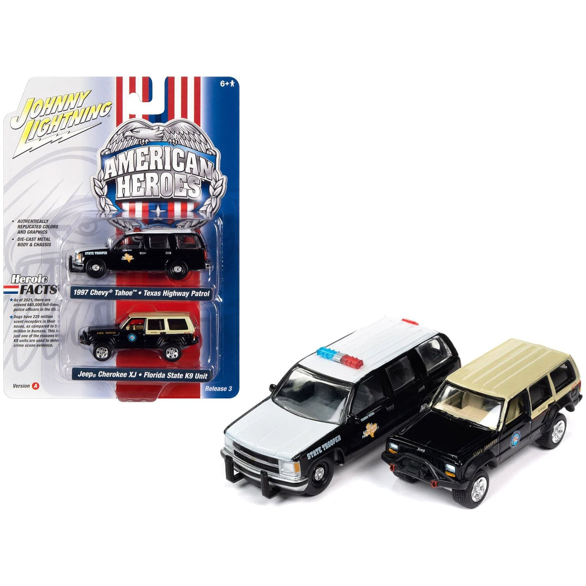 1997 Chevrolet Tahoe "Texas Highway Patrol - Department of Public Safety" Black and White and Jeep Cherokee XJ "Florida State Trooper K9 Unit" Black with Tan Top "American Heroes" Series Set of 2 Cars 1/64 Diecast Model Cars by Johnny Lightning-Johnny Lightning-ModelCars.com