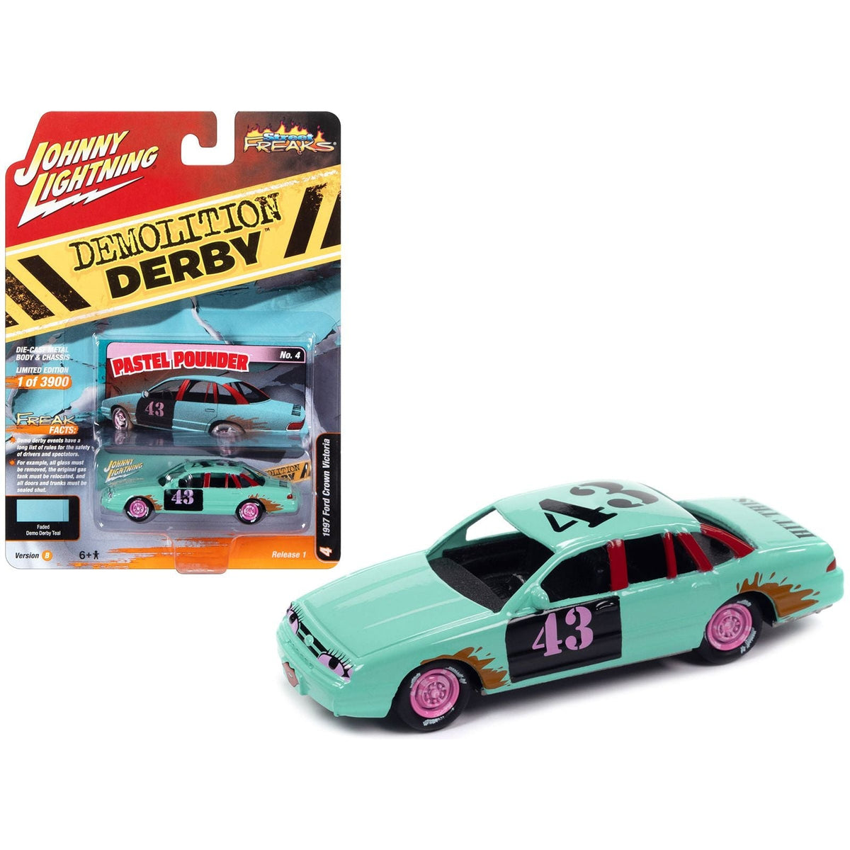 1997 Ford Crown Victoria 43 Fade Demo Derby Teal "Demolition Derby" Limited Edition to 3900 pieces Worldwide "Street Freaks" Series 1/64 Diecast Model Car by Johnny Lightning-Johnny Lightning-ModelCars.com