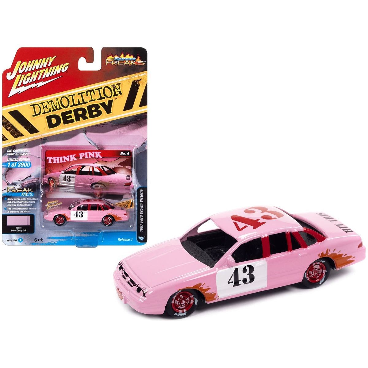 1997 Ford Crown Victoria 43 Faded Demo Derby Pink "Demolition Derby" Limited Edition to 3900 pieces Worldwide "Street Freaks" Series 1/64 Diecast Model Car by Johnny Lightning-Johnny Lightning-ModelCars.com