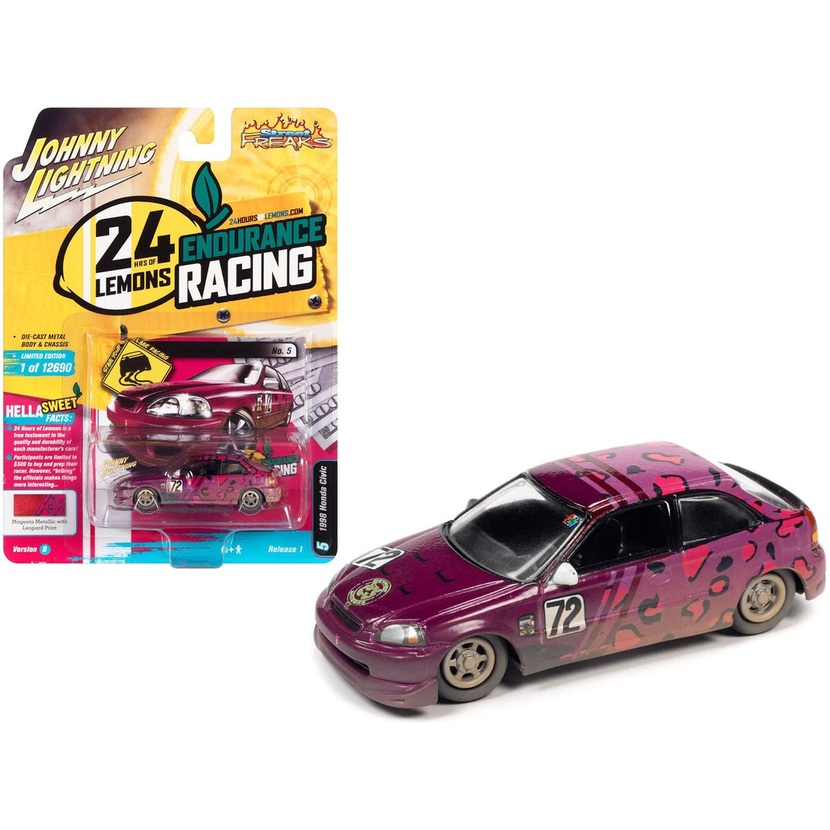 1998 Honda Civic 72 Magenta Metallic and Leopard Print (Raced Version) "24 Hours of Lemons" (2019) Limited Edition to 12690 pieces Worldwide "Street Freaks" Series 1/64 Diecast Model Car by Johnny Lightning - Johnny Lightning - ModelCars.com