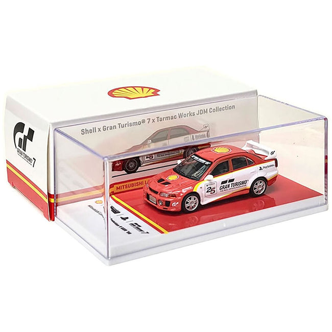 1998 Mitsubishi Lancer Evolution V GSR RHD (Right Hand Drive) Red and White with Yellow Stripes "Shell x Gran Turismo 7" Special Edition 1/64 Diecast Model Car by Tarmac Works - Tarmac Works - ModelCars.com