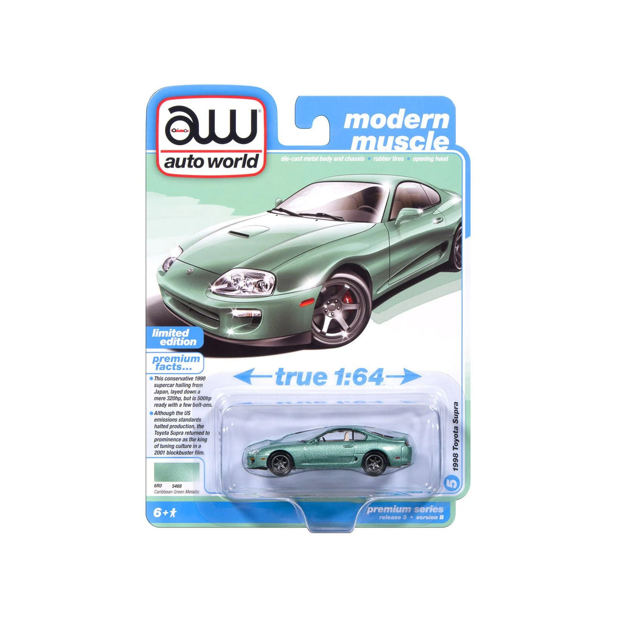 1998 Toyota Supra Caribbean Green Metallic "Modern Muscle" Series 1/64 Diecast Model Car by Auto World-Autoworld-ModelCars.com