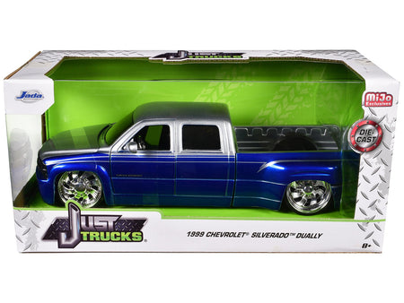 1999 Chevrolet Silverado Dually Pickup Truck Blue Metallic and Silver with Custom KMC Wheels "Just Trucks" Series 1/24 Diecast Model Car by Jada-Jada-ModelCars.com
