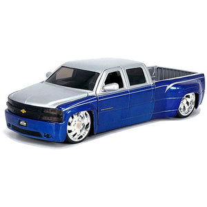 1999 Chevrolet Silverado Dually Pickup Truck Blue Metallic and Silver with Custom KMC Wheels "Just Trucks" Series 1/24 Diecast Model Car by Jada