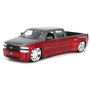 1999 Chevrolet Silverado Dually Pickup Truck Red Metallic and Gray with Custom KMC Wheels "Just Trucks" Series 1/24 Diecast Model Car by Jada