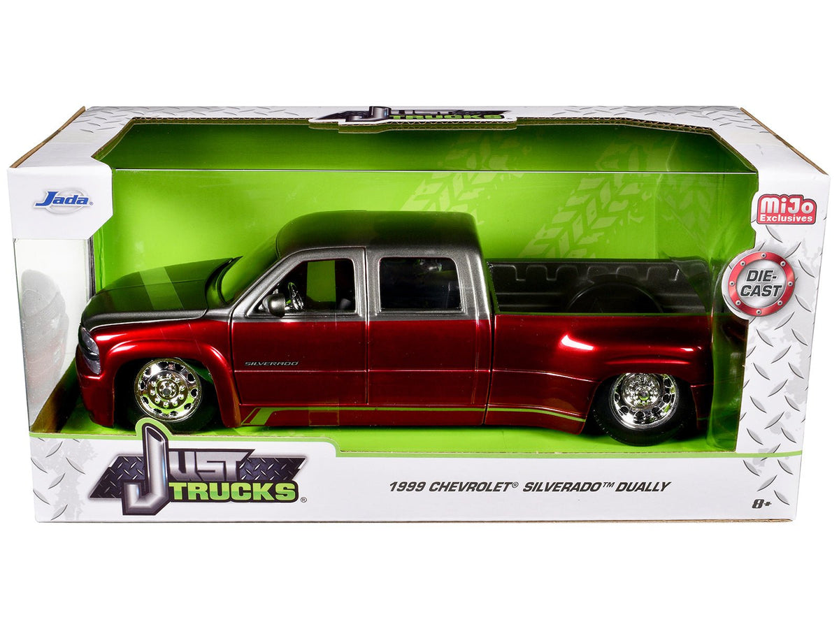 1999 Chevrolet Silverado Dually Pickup Truck Red Metallic and Gray with Stock Wheels "Just Trucks" Series 1/24 Diecast Model Car by Jada-Jada-ModelCars.com