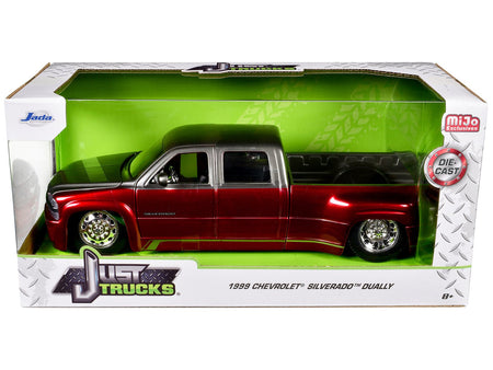 1999 Chevrolet Silverado Dually Pickup Truck Red Metallic and Gray with Stock Wheels "Just Trucks" Series 1/24 Diecast Model Car by Jada-Jada-ModelCars.com