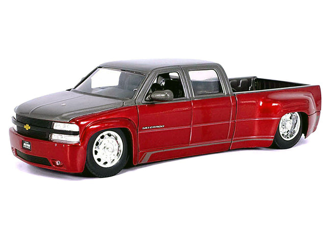 1999 Chevrolet Silverado Dually Pickup Truck Red Metallic and Gray with Stock Wheels "Just Trucks" Series 1/24 Diecast Model Car by Jada-Jada-ModelCars.com