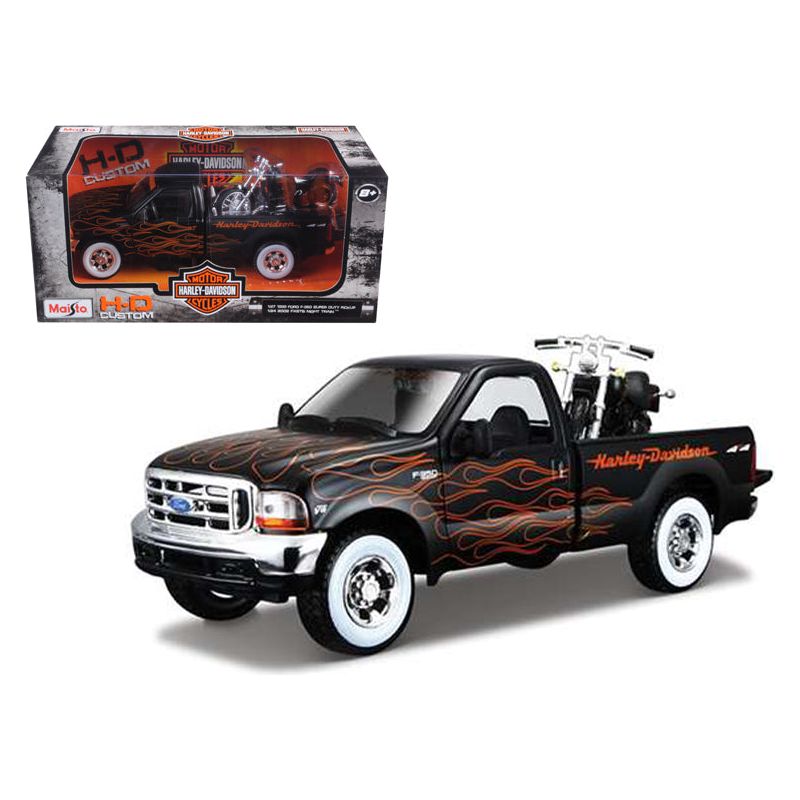 1999 Ford F - 350 Super Duty Pickup Black with Flames 1/27 & 2002 Harley Davidson FLSTB Motorcycle Night Train 1/24 Diecast Models by Maisto - Maisto - ModelCars.com
