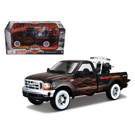 1999 Ford F - 350 Super Duty Pickup Black with Flames 1/27 & 2002 Harley Davidson FLSTB Motorcycle Night Train 1/24 Diecast Models by Maisto - Maisto - ModelCars.com