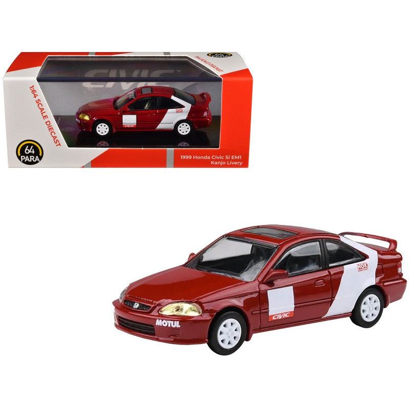 1999 Honda Civic Si EM1 "Kanjo Livery" Red with White Stripes 1/64 Diecast Model Car by Paragon Models - Paragon - ModelCars.com