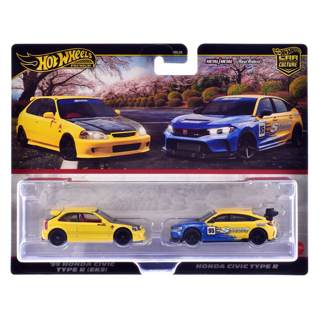 1999 Honda Civic Type R (EK9) RHD (Right Hand Drive) Yellow with Red Interior and Honda Civic Type R #95 "Spoon Sports" Blue and Yellow "Car Culture" Set of 2 Cars Diecast Model Cars by Hot Wheels-Hotwheels-ModelCars.com