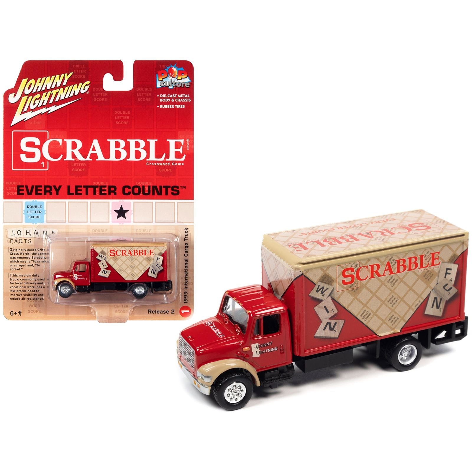 1999 International Cargo Truck Red with Graphics "Scrabble" "Pop Culture" 2022 Release 2 1/64 Diecast Model Car by Johnny Lightning - Johnny Lightning - ModelCars.com