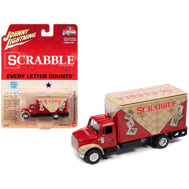 1999 International Cargo Truck Red with Graphics "Scrabble" "Pop Culture" 2022 Release 2 1/64 Diecast Model Car by Johnny Lightning-Johnny Lightning-ModelCars.com