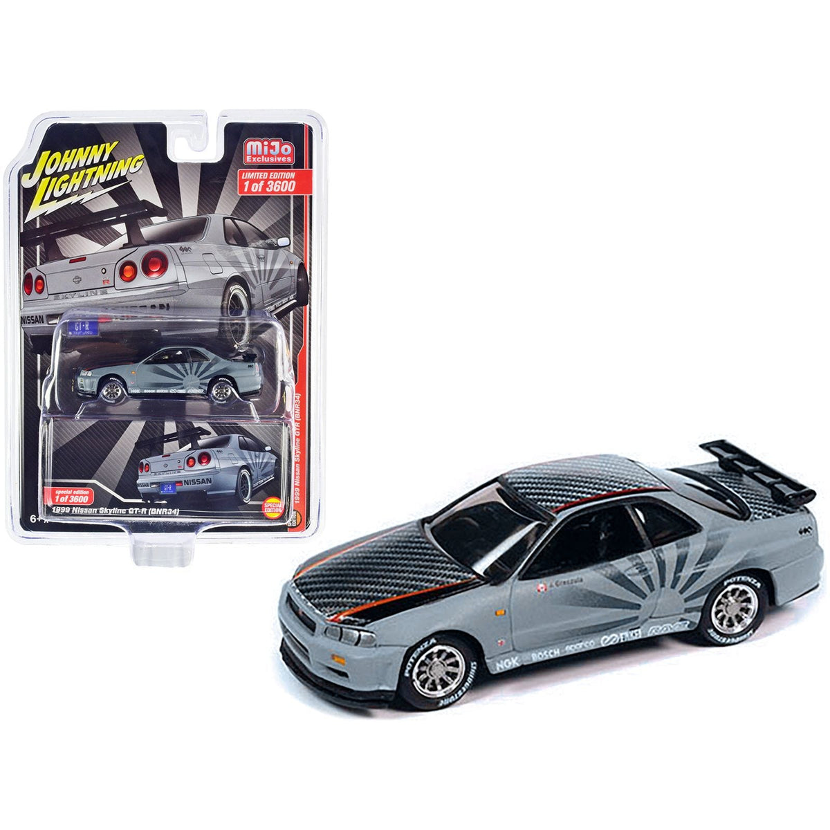 1999 Nissan Skyline GT - R (BNR34) RHD (Right Hand Drive) Matt Gray and Carbon Top with "Rising Sun" Graphics Limited Edition to 3600 pieces Worldwide 1/64 Diecast Model Car by Johnny Lightning - Johnny Lightning - ModelCars.com
