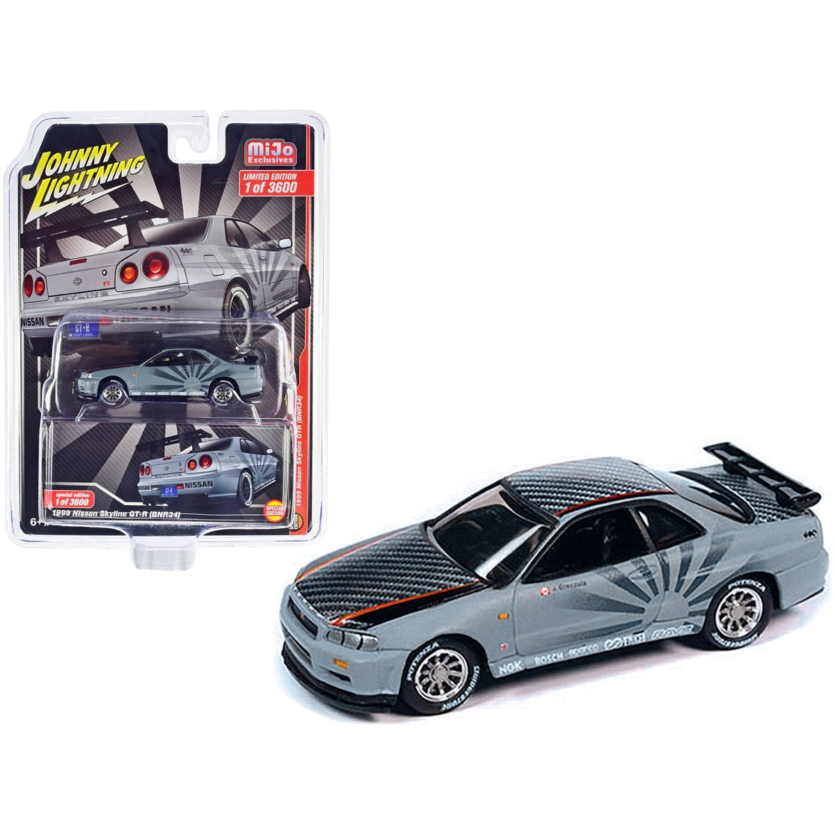 1999 Nissan Skyline GT-R (BNR34) RHD (Right Hand Drive) Matt Gray and Carbon Top with "Rising Sun" Graphics Limited Edition to 3600 pieces Worldwide 1/64 Diecast Model Car by Johnny Lightning-Johnny Lightning-ModelCars.com