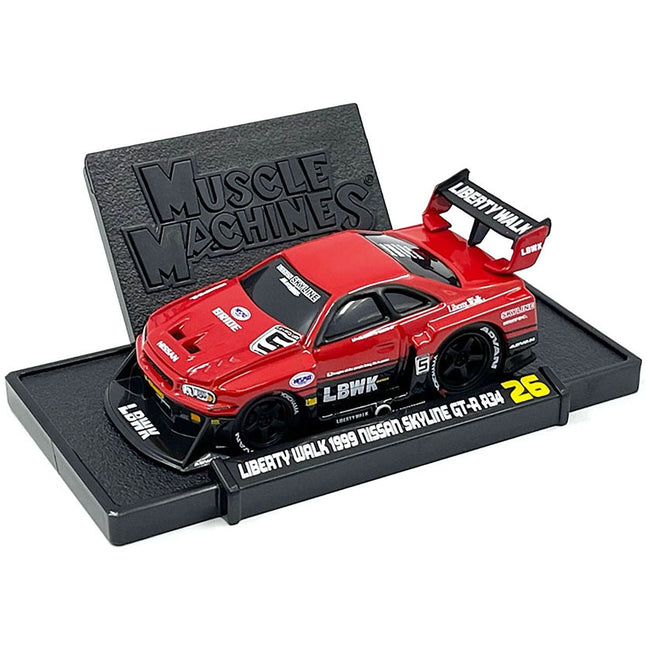 1999 Nissan Skyline GT - R (R34) 5 "Liberty Walk" Red and Black 1/64 Diecast Model Car by Muscle Machines - Muscle Machines - ModelCars.com
