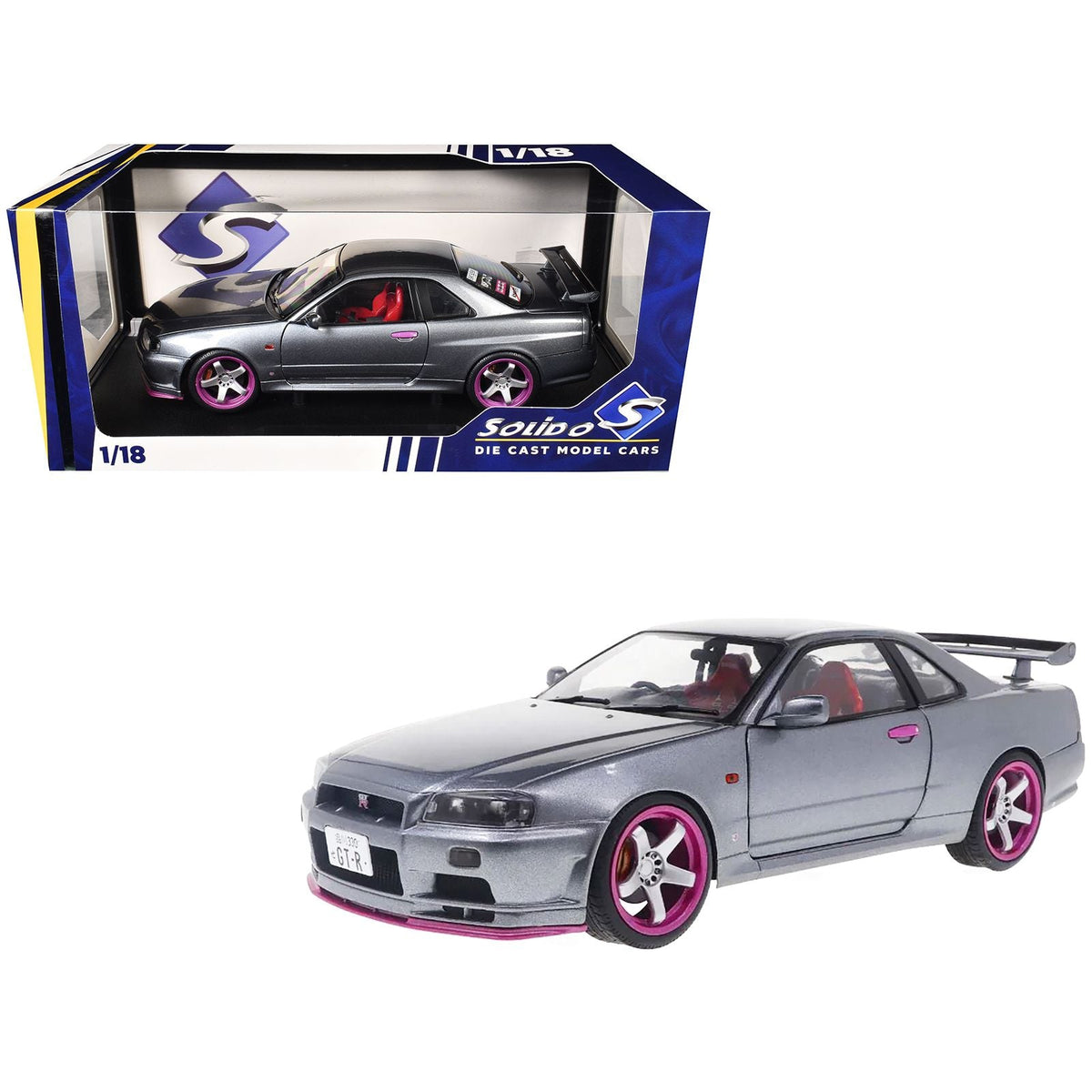 1999 Nissan Skyline GT-R (R34) RHD (Right Hand Drive) Silver Metallic with Purple Wheels 1/18 Diecast Model Car by Solido-Solido-ModelCars.com
