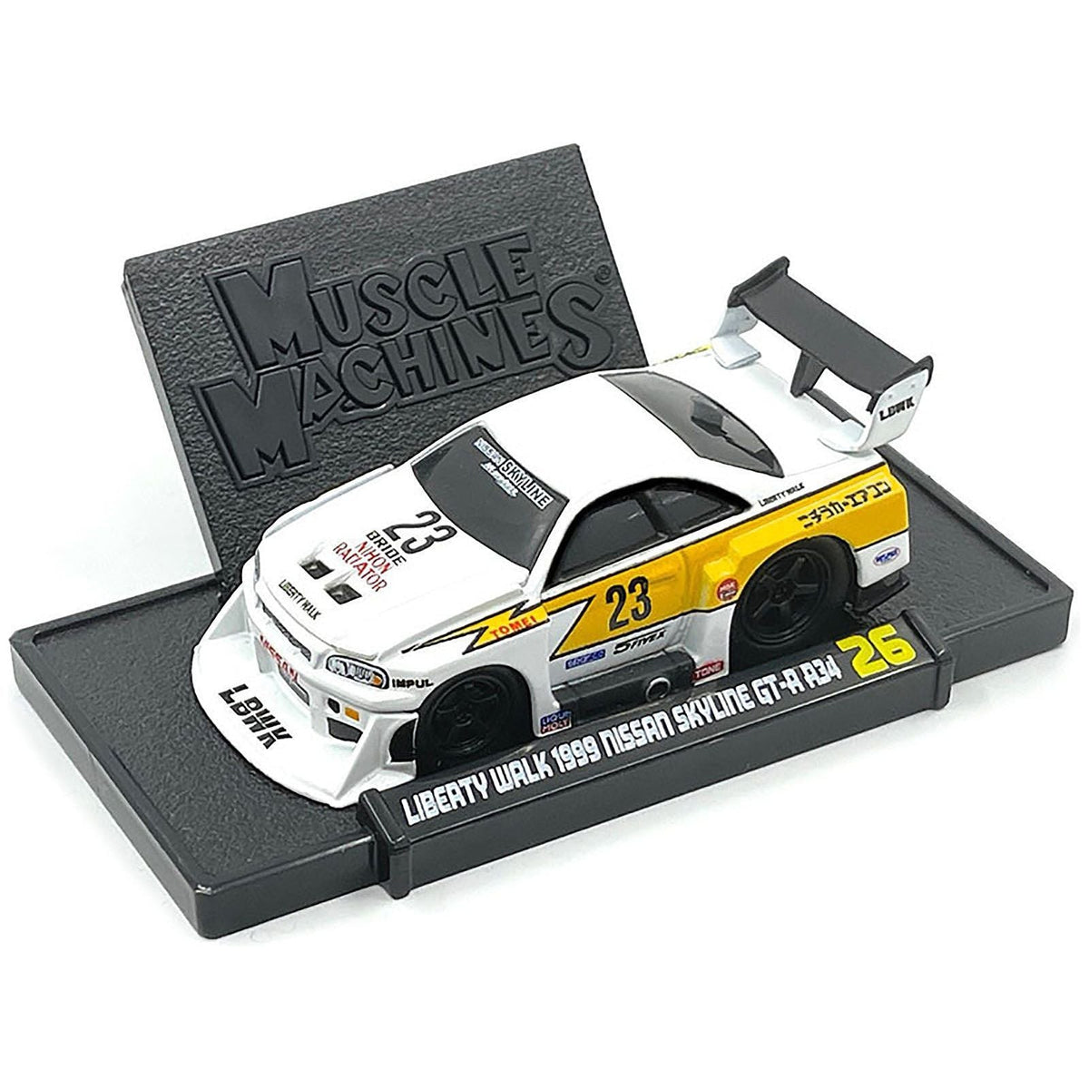 1999 Nissan Skyline GT - R R34 Super Silhouette 23 White with Graphics "Liberty Walk" 1/64 Diecast Model Car by Muscle Machines - Muscle Machines - ModelCars.com