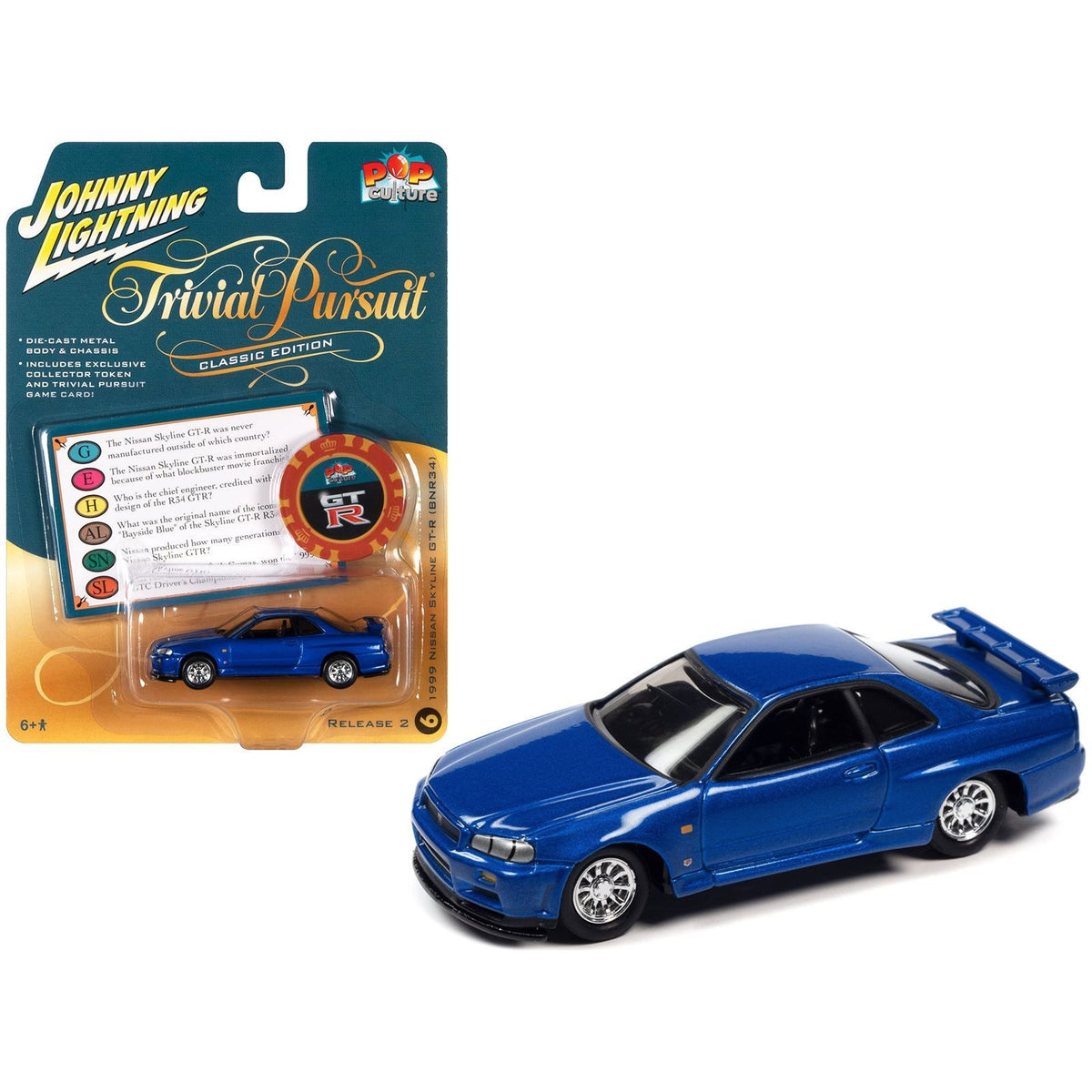 1999 Nissan Skyline GT-R RHD (Right Hand Drive) Blue Metallic with Poker Chip Collector's Token and Game Card "Trivial Pursuit" "Pop Culture" 2022 Release 2 1/64 Diecast Model Car by Johnny Lightning-Johnny Lightning-ModelCars.com
