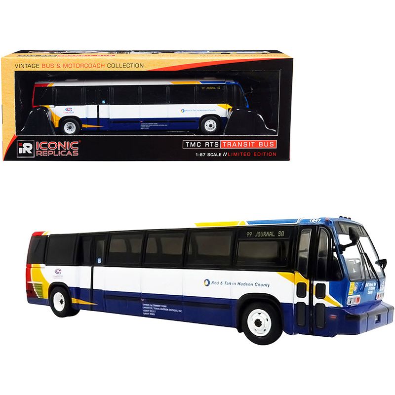 1999 TMC RTS Transit Bus 99 Journal Square Coach USA "Red & Tan in Hudson County" (New Jersey) White and Blue with Red and Yellow Stripes "The Vintage Bus & Motorcoach Collection" 1/87 (HO) Diecast Model by Iconic Replicas - Iconic Replicas - ModelCars.com