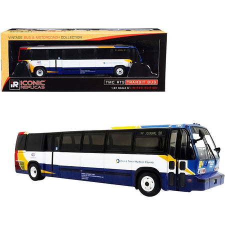 1999 TMC RTS Transit Bus 99 Journal Square Coach USA "Red & Tan in Hudson County" (New Jersey) White and Blue with Red and Yellow Stripes "The Vintage Bus & Motorcoach Collection" 1/87 (HO) Diecast Model by Iconic Replicas - Iconic Replicas - ModelCars.com