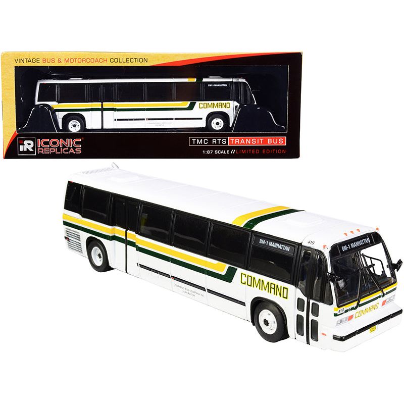 1999 TMC RTS Transit Bus BM1 Manhattan (New York) "Command Bus Company" White with Yellow and Green Stripes "The Vintage Bus & Motorcoach Collection" 1/87 (HO) Diecast Model by Iconic Replicas - Iconic Replicas - ModelCars.com