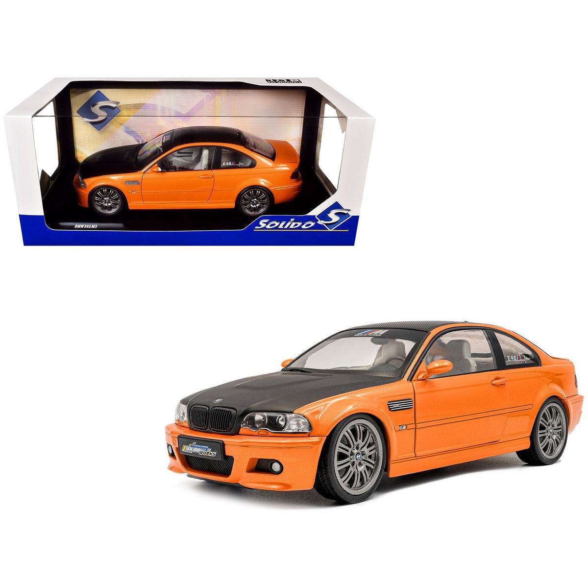 2000 BMW E46 M3 "Solido Works" Orange Metallic with Matt Black Hood and Carbon Top 1/18 Diecast Model Car by Solido-Solido-ModelCars.com