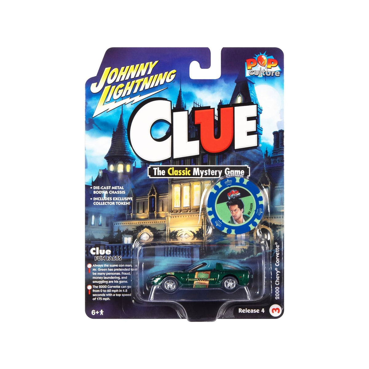 2000 Chevrolet Corvette Convertible Green Metallic (Mr. Green) with Poker Chip Collector's Token "Modern Clue" "Pop Culture" 2022 Release 4 1/64 Diecast Model Car by Johnny Lightning-Johnny Lightning-ModelCars.com
