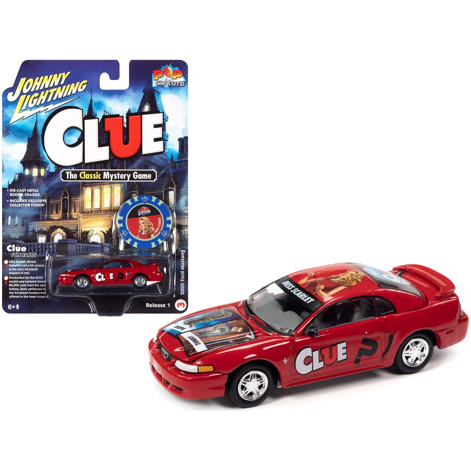 2000 Ford Mustang "Miss Scarlet" Red with Graphics with Poker Chip (Collector Token) "Modern Clue" "Pop Culture" 2022 Release 1 1/64 Diecast Model Car by Johnny Lightning - Johnny Lightning - ModelCars.com