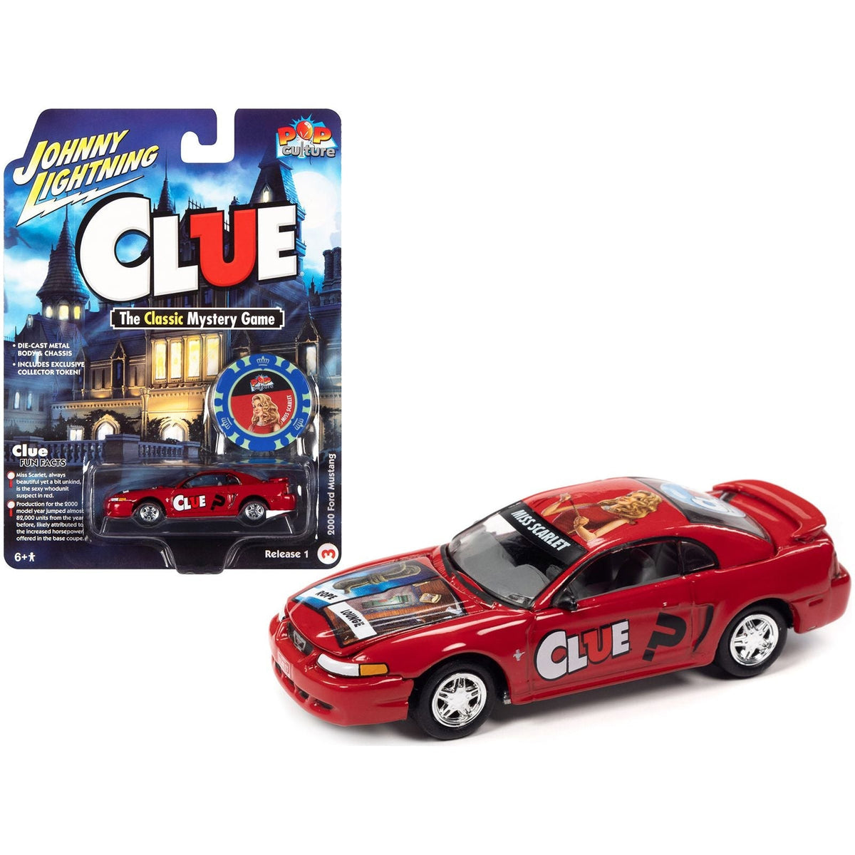 2000 Ford Mustang "Miss Scarlet" Red with Graphics with Poker Chip (Collector Token) "Modern Clue" "Pop Culture" 2022 Release 1 1/64 Diecast Model Car by Johnny Lightning-Johnny Lightning-ModelCars.com