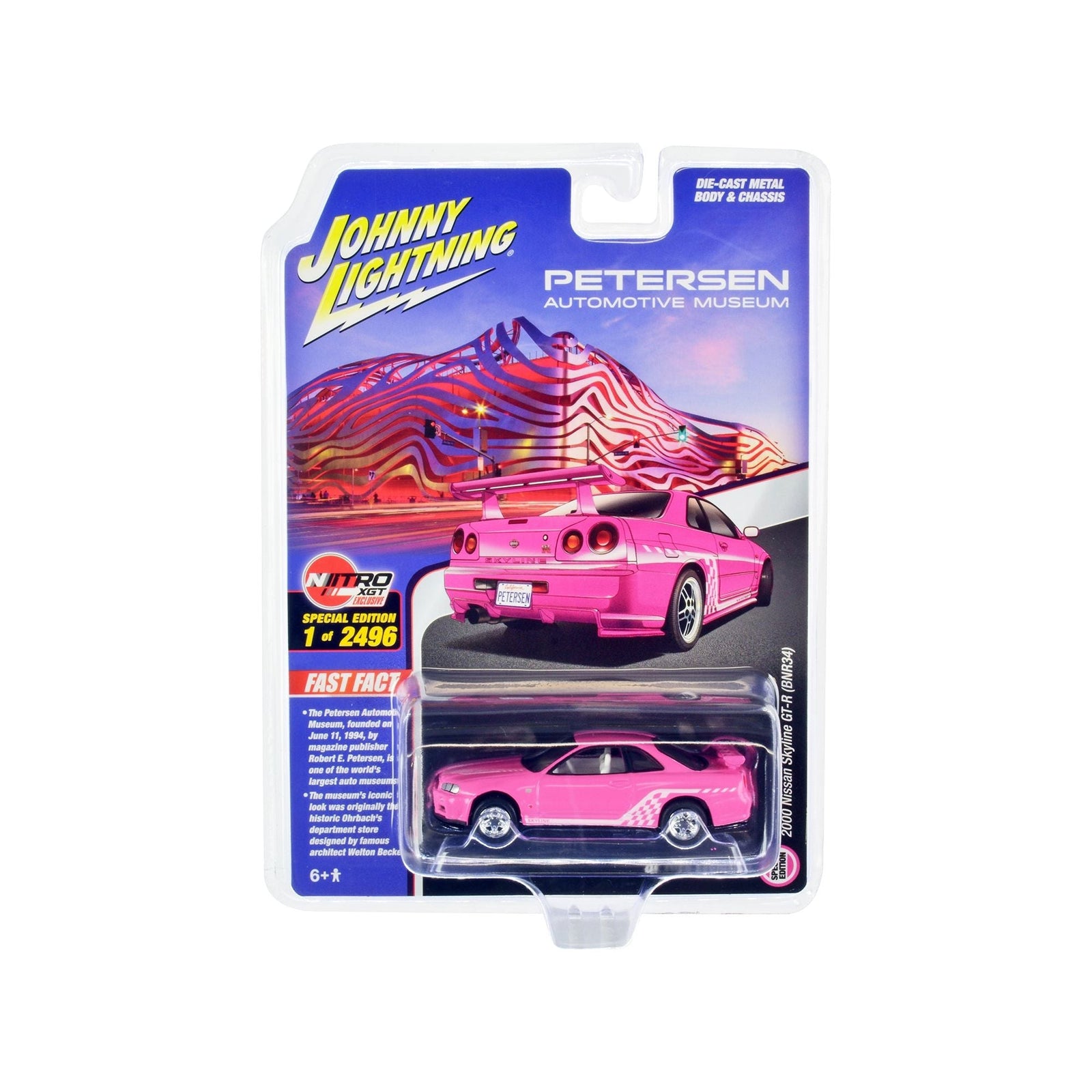2000 Nissan Skyline GT R BNR34 RHD Right Hand Drive Pink with White Graphics and Interior Petersen Automotive Museum Limited Edition to 2496 pieces Worldwide 1/64 Diecast Model Car Johnny Lightning JLCP7410 - Johnny Lightning - ModelCars.com