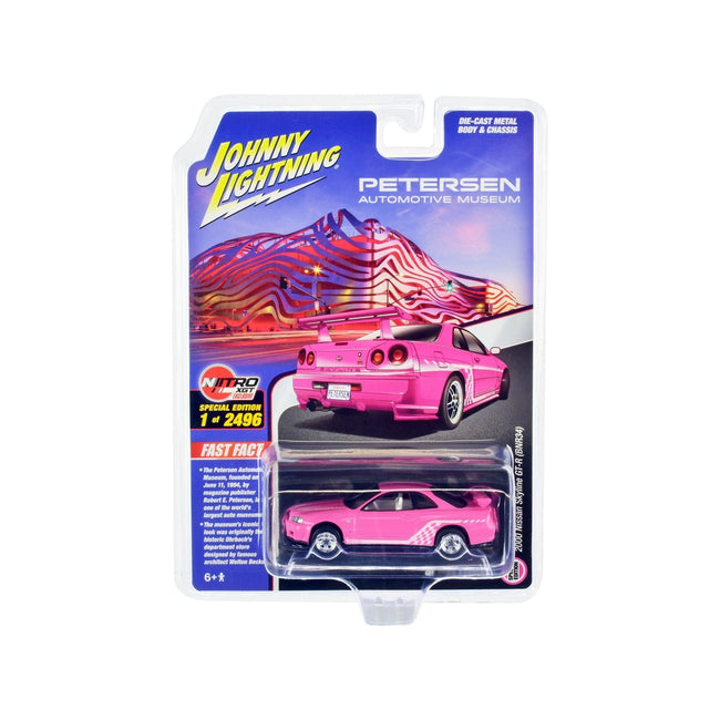 2000 Nissan Skyline GT R BNR34 RHD Right Hand Drive Pink with White Graphics and Interior Petersen Automotive Museum Limited Edition to 2496 pieces Worldwide 1/64 Diecast Model Car Johnny Lightning JLCP7410-Johnny Lightning-ModelCars.com
