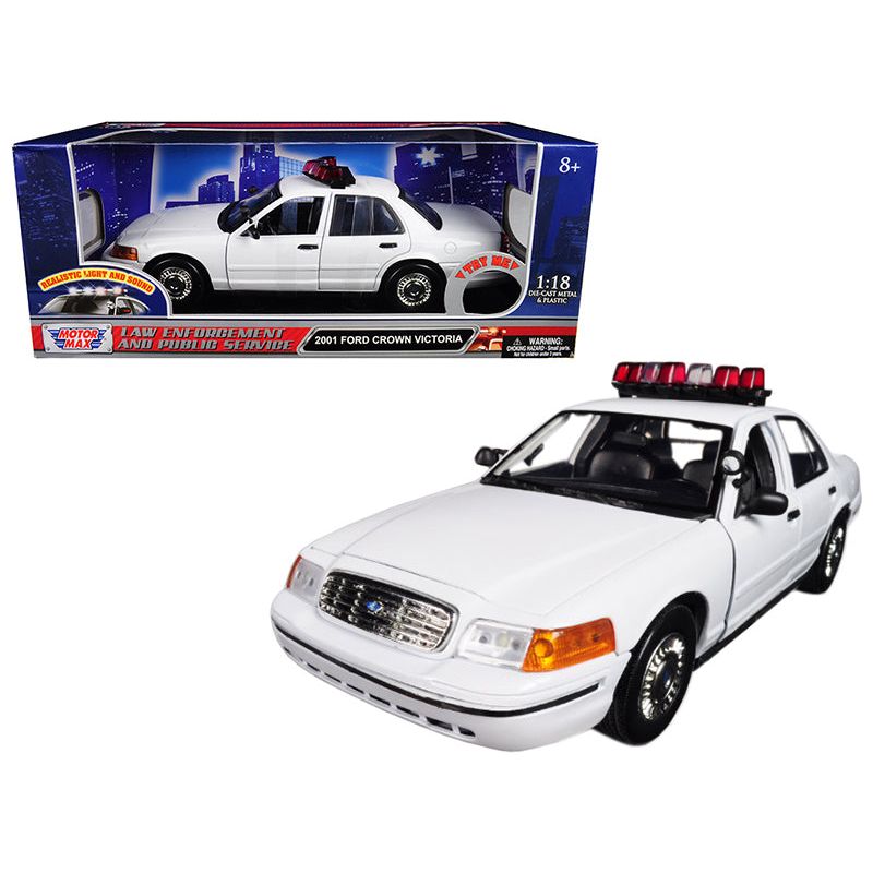 2001 Ford Crown Victoria Police Car Plain White with Flashing Light Bar and Front and Rear Lights and Sounds 1/18 Diecast Model Car by Motormax - Motormax - ModelCars.com