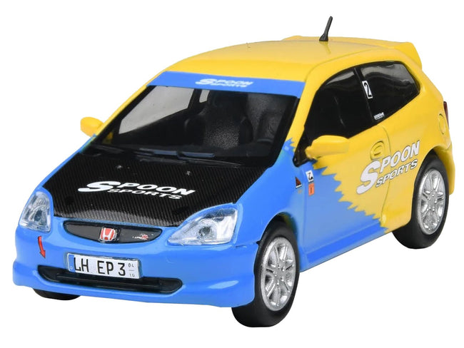 2001 Honda Civic Type R EP3 Blue and Yellow with Black Hood "Spoon Sports" 1/64 Diecast Model Car by Paragon Models-Paragon-ModelCars.com