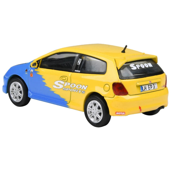 2001 Honda Civic Type R EP3 Blue and Yellow with Black Hood "Spoon Sports" 1/64 Diecast Model Car by Paragon Models - Paragon - ModelCars.com