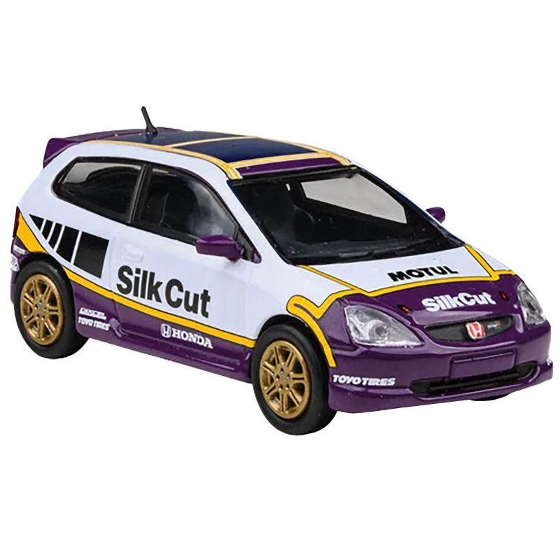 2001 Honda Civic Type R EP3 "Silk Cut" White and Purple with Graphics 1/64 Diecast Model Car by Paragon Models - Paragon - ModelCars.com